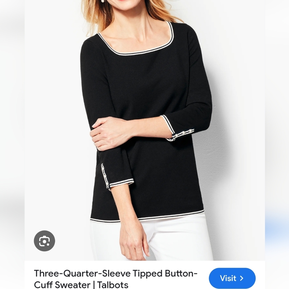 Talbots L Sweater Top quare Neck 3/4 Sleeves Contrast Banded Pearl Button Sleeve